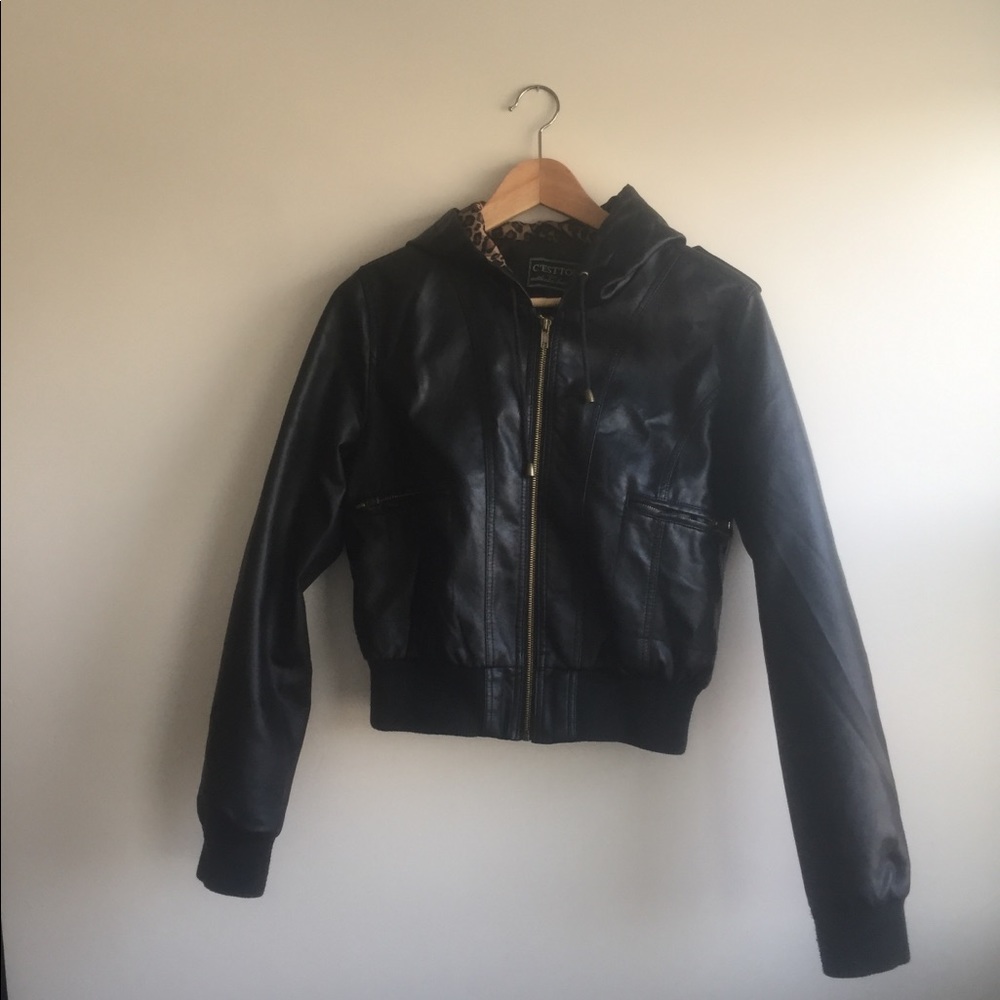 Black pleather short jacked with hood